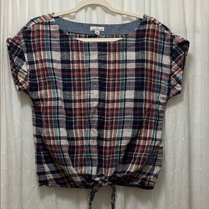LLBean Signature Top Women’s XS Plaid Linen Tie-Front Blouse Cap Sleeve Boxy Fit